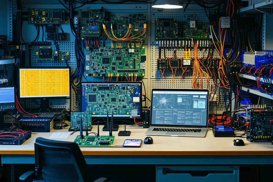 Electronics lab workspace with IoT hardware prototypes, circuit boards, and wireless mesh sensor nodes on a workbench in a Boston engineering office