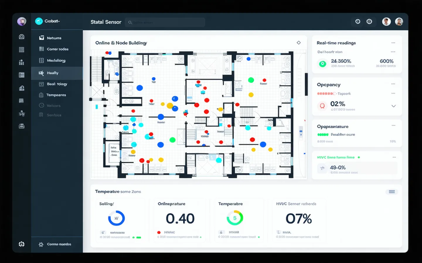 MeshOS dashboard showing mesh network topology, node health status, and HVAC sensor readings across a facility floor plan
